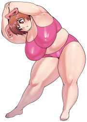 Rule 34 | 1girl, absurdres, animal ears, armpits, arms behind head, bare shoulders, barefoot, blush, bra, breasts, brown eyes, brown hair, crossed arms, elf-san wa yaserarenai., from behind, highres, huge breasts, looking down, oku (elf-san wa yaserarenai.), panties, parted lips, pig ears, pink bra, pink panties, plump, shiny skin, short hair, simple background, smile, solo, sports bra, synecdoche, tail, thick thighs, thighs, underwear, white background