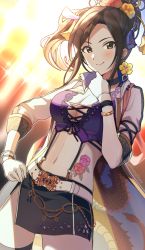 Rule 34 | 1girl, absurdres, bracelet, breasts, brown hair, cleavage, cropped jacket, earrings, hand on own hip, high ponytail, highres, idol, idolmaster, idolmaster cinderella girls, jewelry, large breasts, miniskirt, mukai takumi, navel, parted bangs, shangzi, skirt, sleeves rolled up, smile, standing, stomach tattoo, tattoo, thighhighs, yellow eyes