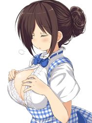 Rule 34 | 1girl, apron, blouse, blue bow, blue bowtie, blush, bow, bowtie, bra, bra peek, breasts, brown hair, cleavage, closed eyes, from side, gingham apron, hair bun, hands on own chest, high-waist skirt, large breasts, naitou kouse, open clothes, original, partially unbuttoned, plaid, shirt, short hair, sigh, simple background, single hair bun, skirt, solo, sweatdrop, underbust, underwear, waitress, white background, white bra, white shirt