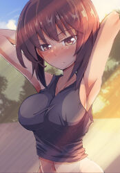 Rule 34 | 1girl, armpits, arms behind head, arms up, black tank top, blue sky, blush, breasts, brown eyes, brown hair, closed mouth, cloud, cloudy sky, commentary, cropped shirt, day, frown, girls und panzer, half-closed eyes, highres, jinguu (4839ms), looking at viewer, medium breasts, midriff, navel, nishizumi maho, outdoors, short hair, sky, solo, sportswear, standing, sunlight, tank top