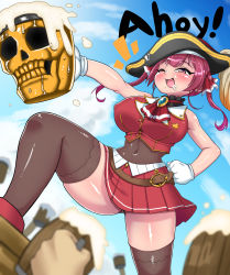 Rule 34 | 1girl, bare shoulders, beer mug, cup, foam, gloves, hat, highres, hololive, houshou marine, mug, open mouth, pirate hat, q kotetsu, red eyes, red hair, ribbon, skirt, skull, sky, smile, solo, tankard, thighhighs, twintails, virtual youtuber