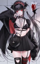 Rule 34 | 1girl, bikini, black bikini, black hair, black hairband, black jacket, black skirt, blood, blood bag, clothing cutout, copyright request, detached wings, earrings, frilled hairband, frills, hair ornament, hairband, heart, heart cutout, heart earrings, highres, jacket, jewelry, long hair, long sleeves, looking at viewer, nail polish, necklace, o-ring, off shoulder, ompf, piercing, pleated skirt, puffy short sleeves, puffy sleeves, red eyes, red hairband, red jacket, red nails, red thighhighs, ring, short sleeves, skindentation, skirt, spikes, striped clothes, striped thighhighs, swimsuit, thighhighs, tongue, tongue out, wings, x hair ornament
