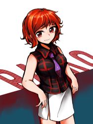 Rule 34 | 1girl, character name, commentary request, horikawa raiko, kaisenpurin, looking at viewer, necktie, pencil skirt, purple necktie, red eyes, red hair, short hair, skirt, sleeveless, smile, solo, touhou, white skirt