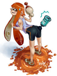 Rule 34 | 1girl, artist name, ass, bent over, bike shorts, bomb, dated, embarrassed, explosive, fang, from behind, full body, gun, holding, inkling, inkling girl, inkling player character, kikino, long hair, looking at viewer, looking back, matching hair/eyes, nintendo, orange eyes, orange hair, paint splatter, shoes, signature, single vertical stripe, sneakers, solo, splatoon (series), splatoon 1, standing, suction cups, sweatdrop, tank top, tentacle hair, weapon, white background, wristband