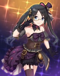 Rule 34 | 1girl, black gloves, black hair, black shorts, blue eyes, bow, brown thighhighs, choker, closed mouth, collarbone, detached collar, detached sleeves, dress, floating hair, flower, garter straps, gloves, grey sleeves, hat, highres, idolmaster, idolmaster shiny colors, long hair, looking at viewer, mini hat, mitsumine yuika, monocle, parted bangs, pink flower, pink rose, purple bow, purple choker, purple hat, rose, saka nanato, short shorts, short sleeves, shorts, single thighhigh, smile, solo, standing, steampunk, strapless, striped clothes, striped shorts, thighhighs, twintails, underbust, vertical-striped clothes, vertical-striped shorts, very long hair