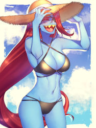 Rule 34 | 1girl, artist name, blue skin, blush, breasts, colored skin, day, eyepatch, gluteal fold, hands up, hat, highres, large breasts, long hair, navel, outdoors, pugthe2ro, red eyes, sharp teeth, standing, straw hat, sun hat, teeth, undertale, undyne, very long hair