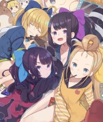 Rule 34 | 4girls, :d, abigail williams (fate), ahoge, animal ears, animal hood, artoria pendragon (fate), bangs pinned back, bear ears, bear hood, black hair, black hoodie, blonde hair, blue bow, blue eyes, blue hoodie, blue sailor collar, blush, bow, breasts, brown hoodie, candy wrapper, character doll, cleavage, closed eyes, closed mouth, collarbone, fake animal ears, fate/grand order, fate (series), food, food in mouth, forehead, fujimaru ritsuka (male), hair bow, hair rings, handheld game console, highres, hood, hood down, hoodie, jeanne d&#039;arc (fate), jeanne d&#039;arc (ruler) (fate), jeanne d&#039;arc alter (avenger) (fate), jeanne d&#039;arc alter (fate), katsushika hokusai (fate), lying, medium breasts, mouth hold, multiple girls, mysterious heroine x (fate), mysterious heroine xx (fate), on side, on stomach, open mouth, pocky, purple bow, purple eyes, purple hair, sailor collar, sitting, smile, striped, tears, totatokeke, wavy mouth, yang guifei (fate)