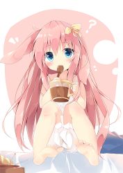 Rule 34 | 1girl, ?, animal ears, barefoot, bloomers, blush, bread, commentary request, cup, dress, feet, food, hair between eyes, head tilt, holding, holding cup, kushida you, legs up, long hair, looking at viewer, on bed, original, pink hair, rabbit ears, ribbon, sitting, soles, solo, spoon, toes, underwear, utensil in mouth, very long hair, white bloomers, white dress, wooden spoon, yellow ribbon