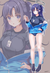 Rule 34 | 1girl, absurdres, black footwear, black shirt, blue archive, blue buruma, blue eyes, blue jacket, blush, breasts, brown background, buruma, cellphone, commentary request, gluteal fold, halo, highres, holding, holding phone, jacket, lanyard, long hair, long sleeves, medium breasts, off shoulder, open clothes, open jacket, outline, parted bangs, parted lips, phone, ponytail, puffy long sleeves, puffy sleeves, purple hair, shirt, shoes, short sleeves, simple background, solo, sousouman, standing, very long hair, white outline, yuuka (blue archive), yuuka (track) (blue archive), zoom layer
