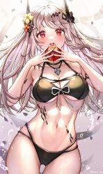 Rule 34 | 1girl, :d, absurdres, apple, arknights, bare shoulders, bikini, black bikini, blush, breasts, cleavage, collarbone, cowboy shot, flower, food, fruit, gluteal fold, hair flower, hair ornament, highres, holding, holding food, holding fruit, horns, jewelry, long hair, material growth, medium breasts, mudrock (arknights), mudrock (silent night) (arknights), navel, necklace, nyamaso, official alternate costume, open mouth, oripathy lesion (arknights), pointy ears, red eyes, red flower, silver hair, smile, solo, stomach, swimsuit, thigh gap, twitter username, very long hair, yellow flower
