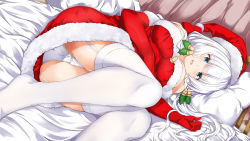 Rule 34 | 1girl, absurdres, arashiki mamizu, ass, azur lane, bell, blue eyes, blush, breasts, christmas, cleavage, commentary request, dress, elbow gloves, fur-trimmed dress, fur trim, gloves, hair ornament, hat, highres, illustrious (azur lane), large breasts, long hair, looking at viewer, lying, mole, mole under eye, on side, open mouth, panties, red dress, red hat, santa costume, santa dress, santa hat, skindentation, smile, solo, thighhighs, underwear, white hair, white panties, white thighhighs