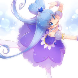 Rule 34 | 1girl, :d, ballerina, blue background, blue dress, blue eyes, blue hair, blue neckwear, blue theme, brooch, choker, cure princess, cure princess (sherbet ballet), dancing, dress, hair bun, happinesscharge precure!, heart hair bun, highres, jewelry, light particles, long hair, looking at viewer, magical girl, nijigami rin, open mouth, pantyhose, precure, shirayuki hime, single hair bun, smile, solo, standing, standing on one leg, twintails, white pantyhose, wing brooch, wing earrings