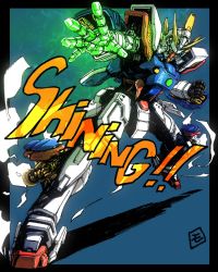 Rule 34 | armor, clenched hand, english text, fighting stance, g gundam, glowing, glowing hand, green eyes, gundam, highres, mecha, moyan, no humans, open hand, outstretched arm, procreate (medium), robot, shining gundam, signature, solo, thrusters