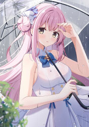 Rule 34 | 1girl, absurdres, angel wings, blue archive, blush, breasts, dress, feathered wings, fengshen chino, flower, hair bun, hair flower, hair ornament, highres, holding, holding umbrella, long hair, looking at viewer, medium breasts, mika (blue archive), open mouth, pink hair, purple flower, single side bun, sleeveless, sleeveless dress, solo, umbrella, white dress, white wings, wings, yellow eyes