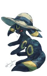 Rule 34 | black eyes, colored sclera, creatures (company), game freak, gen 2 pokemon, hat, highres, kosokoso 002, nintendo, no humans, one eye closed, pokemon, pokemon (creature), red sclera, simple background, solo, sweat, tongue, tongue out, twitter username, umbreon, white background