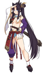 Rule 34 | 1girl, armor, asymmetrical sleeves, black hair, blue eyes, blue panties, breasts, clothing request, commentary request, detached sleeves, fate/grand order, fate (series), full body, fur, hat, holding, japanese armor, katana, kusazuri, long hair, medium breasts, mismatched sleeves, navel, no bra, panties, parted bangs, pom pom (clothes), red ribbon, revealing clothes, ribbon, shiseki hirame, simple background, socks, solo, split mouth, sword, twintails, underwear, ushiwakamaru (fate), very long hair, weapon, white background, white socks, wide sleeves