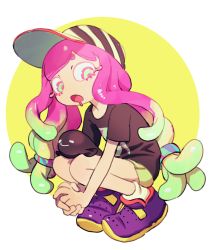 Rule 34 | 1girl, absurdres, black shirt, clownfish, colo (nagrolaz), commentary, english commentary, eyelashes, feet, fish, flat chest, full body, green eyes, green hair, green shorts, hairband, harmony&#039;s clownfish (splatoon), harmony (splatoon), hat, highres, interlocked fingers, knees, knees together feet apart, long hair, looking at viewer, multicolored hair, nintendo, open mouth, own hands clasped, own hands together, pigeon-toed, pink hair, purple footwear, shirt, shoes, shorts, simple background, sneakers, socks, solo, splatoon (series), splatoon 2, splatoon 3, squatting, striped clothes, striped headwear, t-shirt, tentacle hair, tropical fish, two-tone hair, white background, yellow background