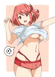 Rule 34 | 1girl, 2018 fifa world cup, :d, arm up, ball, bouncing breasts, breasts, cleavage, covered erect nipples, cowboy shot, half-closed eyes, highres, j@ck, large breasts, navel, nintendo, open mouth, pyra (xenoblade), red eyes, red hair, shirt, short hair, short shorts, shorts, skindentation, smile, soccer, soccer ball, swept bangs, thought bubble, tied shirt, underboob, white shirt, world cup, xenoblade chronicles (series), xenoblade chronicles 2