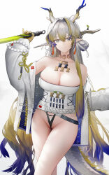 Rule 34 | 1girl, alternate breast size, arknights, bare shoulders, blonde hair, blue hair, breasts, choker, cleavage, colored tips, dragon girl, dragon horns, earrings, gradient hair, grey hair, highres, holding, holding sword, holding weapon, horns, jacket, jewelry, large breasts, long hair, long sleeves, looking at viewer, multicolored hair, off shoulder, open clothes, open jacket, pointy ears, shu (arknights), solo, strapless, sword, tassel, tassel earrings, thong, tube top, weapon, white background, white jacket, yuuki mix