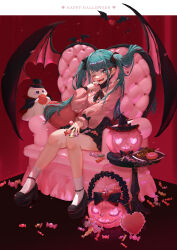 Rule 34 | 1girl, ;d, aqua eyes, aqua hair, armchair, bat wings, candy, chair, chilin n, creature, doughnut, facial mark, fangs, food, halloween, hatsune miku, heart, heart facial mark, highres, jack-o&#039;-lantern, long hair, looking at viewer, miniskirt, on chair, one eye closed, open mouth, pink shirt, platform footwear, puffy sleeves, shirt, sitting, skirt, smile, sweets, twintails, vampire, vocaloid, wings, wrapped candy
