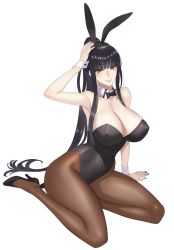 Rule 34 | 1girl, animal ears, black hair, breasts, choker, covered erect nipples, damegane, fake animal ears, hand on own head, high heels, highres, large breasts, leotard, lidia (damegane), long hair, nail polish, original, pale skin, pantyhose, playboy bunny, ponytail, rabbit ears, red eyes, smile, solo, thick thighs, thighs, white background