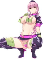 Rule 34 | 1girl, belt, bikini, black skirt, braid, breasts, closed mouth, elbow gloves, fate/grand order, fate (series), florence nightingale (fate), florence nightingale (trick or treatment) (fate), gloves, green bikini, green gloves, grey background, hat, holding, large breasts, michihasu, midriff, miniskirt, navel, nurse cap, official alternate costume, pink hair, purple bikini, red eyes, short sleeves, shrug (clothing), simple background, skirt, solo, spread legs, squatting, stomach, swimsuit, thighhighs, thighs, tiptoes, upskirt
