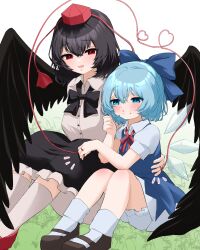 Rule 34 | 2boys, bird wings, black bow, black bowtie, black footwear, black hair, black skirt, black wings, blue dress, blue hair, bow, bowtie, cirno, collared shirt, commentary request, dress, fairy, hat, heart, heart of string, highres, knees up, looking at another, mikan (manmarumikan), multiple boys, multiple girls, red eyes, red footwear, red headwear, shameimaru aya, shirt, short hair, short sleeves, simple background, skirt, socks, tokin hat, touhou, white background, white shirt, white socks, wings