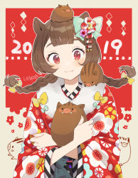 Rule 34 | 1girl, 2019, :3, animal, animal on head, animal on shoulder, aqua bow, artist name, bad id, bad pixiv id, blunt bangs, blush, boar, bow, braid, brown hair, chinese zodiac, commentary request, floral print, flower, fur-trimmed kimono, fur trim, hair bow, hair flower, hair ornament, highres, holding, holding animal, japanese clothes, kanzashi, kimono, long hair, long sleeves, looking at viewer, new year, obi, on head, original, outline, red eyes, red kimono, sash, signature, solo, twin braids, unapoppo, upper body, white outline, white sleeves, wide sleeves, year of the pig, yellow bow