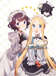Rule 34 | 2girls, abigail williams (fate), abigail williams (festival outfit) (fate), artist request, black gloves, black skirt, blonde hair, blue eyes, breasts, cup, dress, fate/grand order, fate (series), forehead, gloves, grey jacket, grin, heroic spirit festival outfit, highres, hood, hooded jacket, jacket, katsushika hokusai (fate), katsushika hokusai (festival outfit) (fate), layered skirt, long hair, long sleeves, looking at viewer, maid headdress, multiple girls, octopus, official alternate costume, open clothes, open jacket, open mouth, parted bangs, purple eyes, sash, short hair, sidelocks, skirt, sleeves past fingers, sleeves past wrists, smile, stuffed animal, stuffed toy, teacup, teapot, teddy bear, tokitarou (fate), tray, white background, white dress