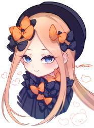 Rule 34 | 1girl, abigail williams (fate), absurdres, black bow, black dress, black hat, blonde hair, blue eyes, blush, bow, breasts, dress, fate/grand order, fate (series), forehead, hair bow, hat, highres, huge filesize, long hair, looking at viewer, multiple hair bows, orange bow, parted bangs, polka dot, polka dot bow, ribbed dress, signature, simple background, sleeves past fingers, sleeves past wrists, small breasts, smile, white background, yukinuno
