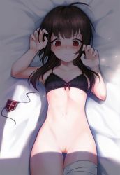 Rule 34 | 1girl, bad id, bad pixiv id, bandages, bandaged leg, bandages, bare arms, bare shoulders, bed, bed sheet, belly, black bra, blush, bra, breasts, brown hair, cleft of venus, collarbone, commentary, cowboy shot, crotch, eyepatch, unworn eyepatch, groin, highres, kono subarashii sekai ni shukufuku wo!, long hair, looking at viewer, lying, megumin, navel, ompf, on back, on bed, paw pose, pussy, red eyes, ribbon, small breasts, solo, stomach, underwear