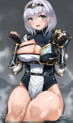 Rule 34 | 1girl, absurdres, armor, black gloves, breasts, cleavage, clenched hands, fingerless gloves, gloves, green eyes, headpiece, highres, hololive, kisaragi tsurugi, large breasts, looking at viewer, open mouth, partially submerged, shirogane noel, shirogane noel (1st costume), short hair, sitting, smile, solo, thighs, virtual youtuber, water, wet, white hair