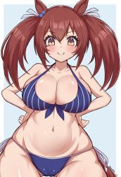 Rule 34 | 1girl, alternate costume, bare shoulders, bikini, blue bikini, blush, breasts, brown eyes, brown hair, cleavage, closed mouth, commentary request, cowboy shot, ear ornament, front-tie bikini top, front-tie top, gluteal fold, hair ornament, hands on own hips, highres, hishi akebono (umamusume), katekin esi, large breasts, long hair, looking at viewer, side-tie bikini bottom, smile, solo, striped bikini, striped clothes, swimsuit, twintails, twitter username, umamusume, vertical-striped bikini, vertical-striped clothes, wide hips