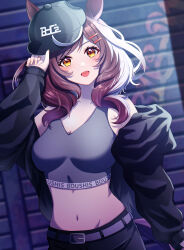 Rule 34 | 1girl, :d, absurdres, animal ears, bare shoulders, black hat, black jacket, black pants, blush, breasts, brown hair, cleavage, collarbone, commentary, cowboy shot, grey sports bra, groin, hair ornament, hairclip, hand up, hat, highres, holding, holding clothes, holding hat, horse ears, horse girl, horse tail, jacket, k (8310141xox), long sleeves, looking at viewer, matikane tannhauser (boc&#039;z) (umamusume), matikane tannhauser (umamusume), medium breasts, medium hair, midriff, multicolored hair, navel, off shoulder, official alternate costume, open mouth, pants, sidelocks, smile, solo, sports bra, standing, streaked hair, tail, umamusume, yellow eyes