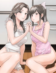 Rule 34 | 2girls, age difference, apron, arm support, bare shoulders, bow, brown eyes, brown hair, earrings, hair bow, holding hands, housewife, jewelry, long hair, looking at viewer, love plus, mature female, mother and daughter, multiple girls, naked apron, parted lips, ponytail, smile, takane manaka, takane sumi, usatarou