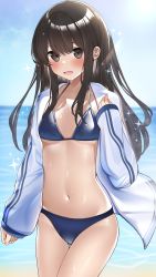 Rule 34 | 1girl, absurdres, bikini, blue bikini, blue sky, blush, breasts, brown eyes, brown hair, collarbone, commentary request, cowboy shot, day, highres, jacket, kaku yone, long hair, long sleeves, looking at viewer, navel, ocean, one side up, open clothes, open jacket, open mouth, original, outdoors, sky, sleeves past wrists, small breasts, solo, sparkle, stomach, sunlight, swimsuit, thigh gap, track jacket, underboob, very long hair, water, white jacket