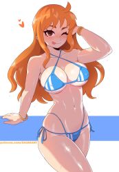 Rule 34 | 1girl, :p, ;), absurdres, arm support, bikini, blue bikini, blush, bracelet, breasts, brown eyes, cleavage, closed mouth, collarbone, cowboy shot, dashi (dashiart), heart, highres, jewelry, large breasts, long hair, looking at viewer, nami (one piece), navel, one eye closed, one piece, orange hair, shiny skin, smile, solo, standing, swimsuit, thighs, tongue, tongue out