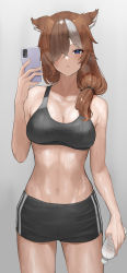 Rule 34 | 1girl, :o, absurdres, animal ears, bottle, breasts, brown hair, cellphone, cleavage, commission, grey background, gym shorts, hair over one eye, highres, holding, holding bottle, holding phone, long hair, looking at viewer, medium breasts, multicolored hair, navel, open mouth, original, phone, pixiv commission, ponytail, purple eyes, selfie, shorts, smartphone, solo, sports bra, sportswear, stomach, sweat, nervous sweating, takita (takita3411), two-tone hair, water bottle, white hair