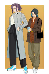Rule 34 | 2girls, absurdres, bag, black hair, black pants, blue hair, border, brown background, brown jacket, brown pants, cellphone, closed eyes, closed mouth, coat, colored inner hair, commentary request, grey coat, gundam, gundam suisei no majo, hand on another&#039;s arm, handbag, highres, holding, holding phone, jacket, korean commentary, long sleeves, multicolored hair, multiple girls, nika nanaura, orange shirt, pants, phone, ponytail, purple hair, sabina fardin, shirt, short hair, simple background, smartphone, snapagi, striped clothes, striped pants, white border, white footwear, white shirt, yellow eyes