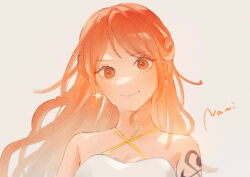 Rule 34 | 1girl, bare shoulders, character name, closed mouth, commentary, criss-cross halter, dress, earrings, glint, halterneck, jewelry, long hair, looking at viewer, mayu, nami (one piece), official alternate costume, official alternate hairstyle, one piece, one piece film: gold, orange eyes, orange hair, pearl earrings, shoulder tattoo, simple background, smile, solo, tattoo, upper body, wavy hair, white dress