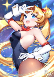 Rule 34 | 1girl, absurdres, alternate costume, animal ears, bare shoulders, bishoujo senshi sailor moon, black leotard, blonde hair, blue eyes, blue sailor collar, blush, bow, bowtie, breasts, brown pantyhose, choker, commentary request, crescent, crescent earrings, detached collar, earrings, elbow gloves, fake animal ears, gloves, hair bun, hair ornament, hand on own hip, heart, highres, jewelry, leotard, long hair, looking at viewer, pantyhose, playboy bunny, rabbit ears, rabbit tail, red bow, red neckwear, sailor collar, sailor moon, sailor senshi uniform, single hair bun, siriuflong, small breasts, solo, sparkle, star (symbol), tail, teeth, tiara, tsukino usagi, twintails, upper teeth only, w, watermark, web address, white gloves