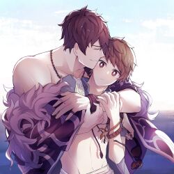 Rule 34 | 2boys, belial (granblue fantasy), belial (summer) (granblue fantasy), black hair, black jacket, blue shirt, brown eyes, brown hair, closed eyes, couple, feather boa, fingernails, gran (granblue fantasy), gran (summer) (granblue fantasy), granblue fantasy, highres, hug, hug from behind, jacket, jewelry, kishire0324, male focus, multiple boys, necklace, official alternate costume, open clothes, open jacket, open shirt, ring, shirt, short hair, smile, toned, toned male, upper body, wet, wet hair, wristband, yaoi