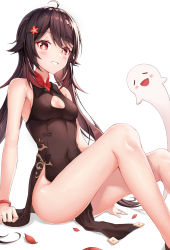 Rule 34 | 1girl, absurdres, ahoge, alternate costume, bare arms, bare legs, bare shoulders, blush, bracelet, breasts, brown hair, china dress, chinese clothes, cleavage, cleavage cutout, clothes between thighs, clothing cutout, covered navel, dress, feet out of frame, flower, genshin impact, ghost, grin, hair flower, hair ornament, highres, hu tao (genshin impact), jewelry, knees up, legs, long hair, neon (hhs9444), no headwear, pelvic curtain, petals, red eyes, ring, sitting, small breasts, smile, solo, swept bangs, symbol-shaped pupils, teeth, thighs, twintails, very long hair