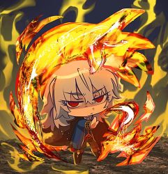 Rule 34 | 1boy, blue coat, boots, chibi, coat, coat on shoulders, fire, full body, fur coat, grey hair, long sleeves, male focus, medium hair, open clothes, open coat, outstretched arm, red eyes, sash, sidelocks, tsukihime, tsukihime (remake), vlov arkhangel, white neckwear, winter clothes, winter coat