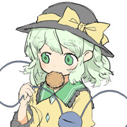 Rule 34 | 1girl, black frills, black hat, bow, collared shirt, cookie, eyeball, eyebrows, food, food in mouth, frilled shirt collar, frilled sleeves, frills, green eyes, hand up, hat, hat bow, hat ribbon, holding, hozumiare, komeiji koishi, light green hair, long sleeves, looking away, medium hair, mouth hold, ribbon, sandwich cookie, shirt, sidelocks, simple background, sketch, solo, tareme, third eye, touhou, upper body, wavy hair, white background, wide sleeves, yellow bow, yellow ribbon, yellow shirt