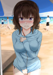 Rule 34 | 1girl, absurdres, angry, bdsm, beach, blush, bondage, bound, breasts, brown hair, clenched teeth, embarrassed, gn nanon, highres, large breasts, looking at viewer, medium breasts, purple eyes, standing, teeth