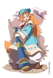 Rule 34 | 1girl, :o, animal ears, bad id, bad pixiv id, breath of fire, breath of fire iii, copyright name, full body, glasses, hat, long hair, m1 bazooka, momo (breath of fire), mortarboard, orange hair, pants, red eyes, robe, rocket launcher, solo, standing, weapon, yupii