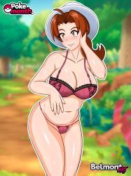 Rule 34 | 1girl, absurdres, belmont, blurry, blush, bra, breasts, cleavage, cowboy shot, creatures (company), delia ketchum, depth of field, game freak, highres, lingerie, mature female, medium breasts, mature female, nails, nintendo, outdoors, panties, plump, pokemon, pokemon (anime), pokemon sm (anime), self-upload, solo, standing, thong, underwear, wide hips