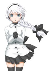 Rule 34 | 1girl, braid, gloves, long hair, open mouth, own hands clasped, own hands together, sekka yufu, skirt, solo, t2r, thighhighs, transparent background, utau, white hair