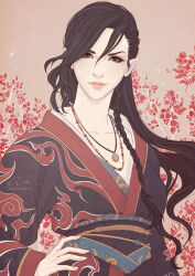 Rule 34 | 1girl, black hair, braid, elezen, elf, final fantasy, final fantasy xiv, floral background, hair between eyes, hand on own hip, highres, hilda ware, hyur, japanese clothes, jewelry, kimono, lips, long hair, necklace, onyrica, pointy ears, red eyes, smile, solo